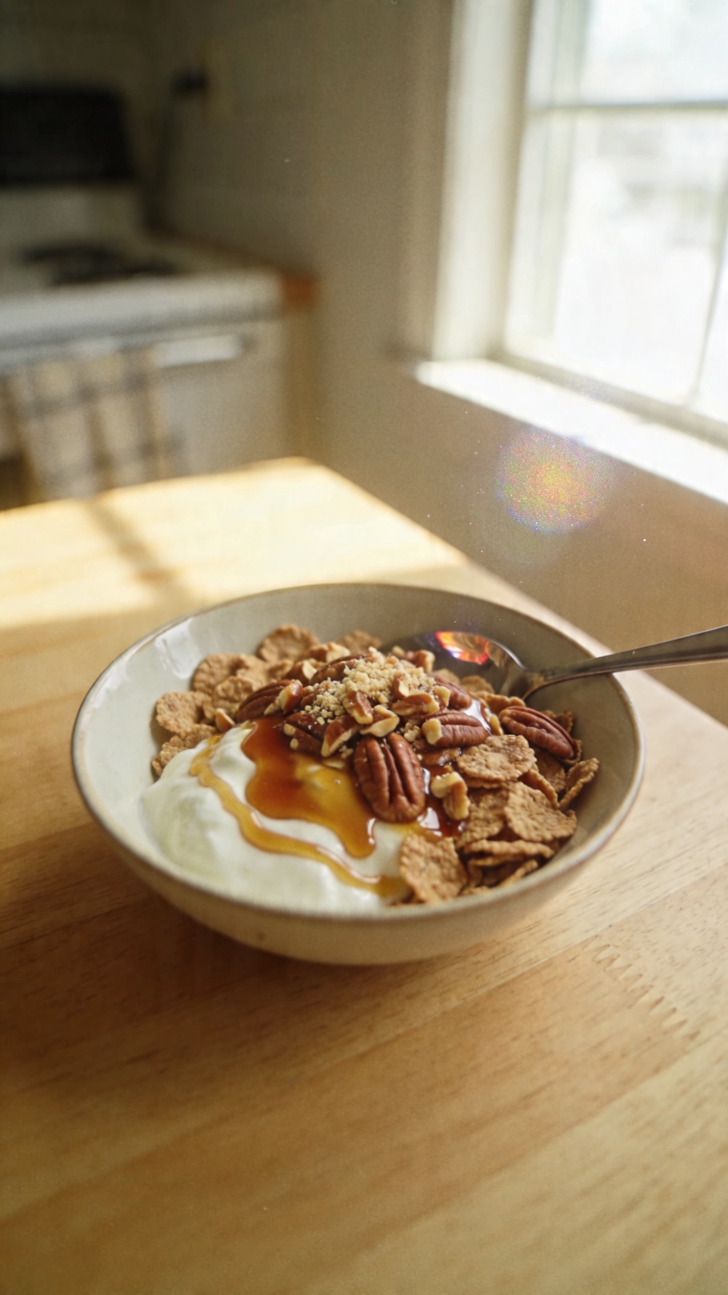 A real-looking photo of a Maple-Pecan Crunch Bowl as the main subject, styled as if photographed in a casual, home kitchen morning. The bowl sits on a light wooden breakfast table near a kitchen window with natural sunlight streaming in, creating soft, warm tones. The bowl contains whole-grain cereal flakes, chopped pecans, and a glossy maple-syrup drizzle, with a generous scoop of yogurt or milk underneath to give a creamy texture. Include a light sprinkle of pecans on top and a subtle swirl of maple beside the bowl to imply drizzle. The scene should feel unposed and lived-in: a slightly tilted horizon, minor camera shake, and a few imperfect details like a fingerprint on the lens or a small reflection on the spoon. The lighting is natural window light with gentle shadows, not staged studio lighting, and there should be slight overexposed highlights on the maple syrup and edges of the bowl to mimic real fast-done photography. No text, no logos. The image should read as a candid, in-the-moment breakfast shot, “taken in a hurry,” with “fingerprint on lens” and “screenshot quality” vibes, compressed to 1080p, avoiding any cinematic or hyper-real descriptors. Optional subtle post-processing hints: slight smart blur with gentle sharpening and modest color tweaks to keep a natural, everyday look. No AI watermark or obvious edits.