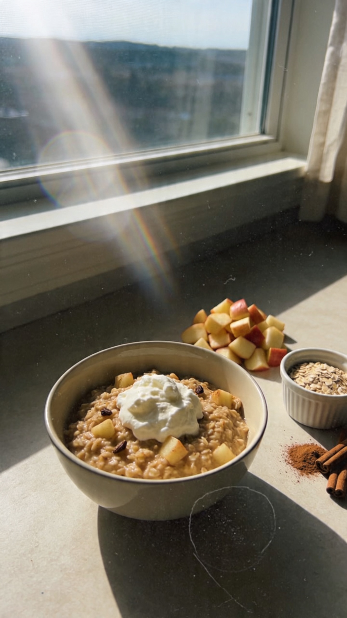 A real, authentic photo of a bowl of Spiced Apple Oat-Reduced Cup featuring cottage cheese, placed on a cozy kitchen counter by a sunlit window. The bowl contains warm oats with small chopped apples mixed in, flecks of nutmeg and cloves visible, with a dollop or swirl of cottage cheese on top. The scene includes a small pile of chopped apples, a small ramekin of oats, and a pinch of cinnamon nearby, all in natural, everyday kitchenware. Lighting is natural window light with soft, casual shadows, a slightly imperfect composition, and a warm, inviting tone. The shot is clearly taken quickly, no staging, with a candid feel: slight overexposed highlights from the sun, lens flare near the edge of the frame, a hint of motion blur from a gentle breeze moving a curtain, subtle grain in the dark areas, and a gently tilted horizon. The image should look like blurred phone-camera reality, compressed to 1080p quality, with fingerprint smudges on the lens and a sense of immediacy as if grabbed for a quick grab-and-go morning. No text on the image. Optional subtle post-processing hints: slight smart blur with sharpening, muted color adjustments to resemble a casual, everyday photo taken on an iPhone.