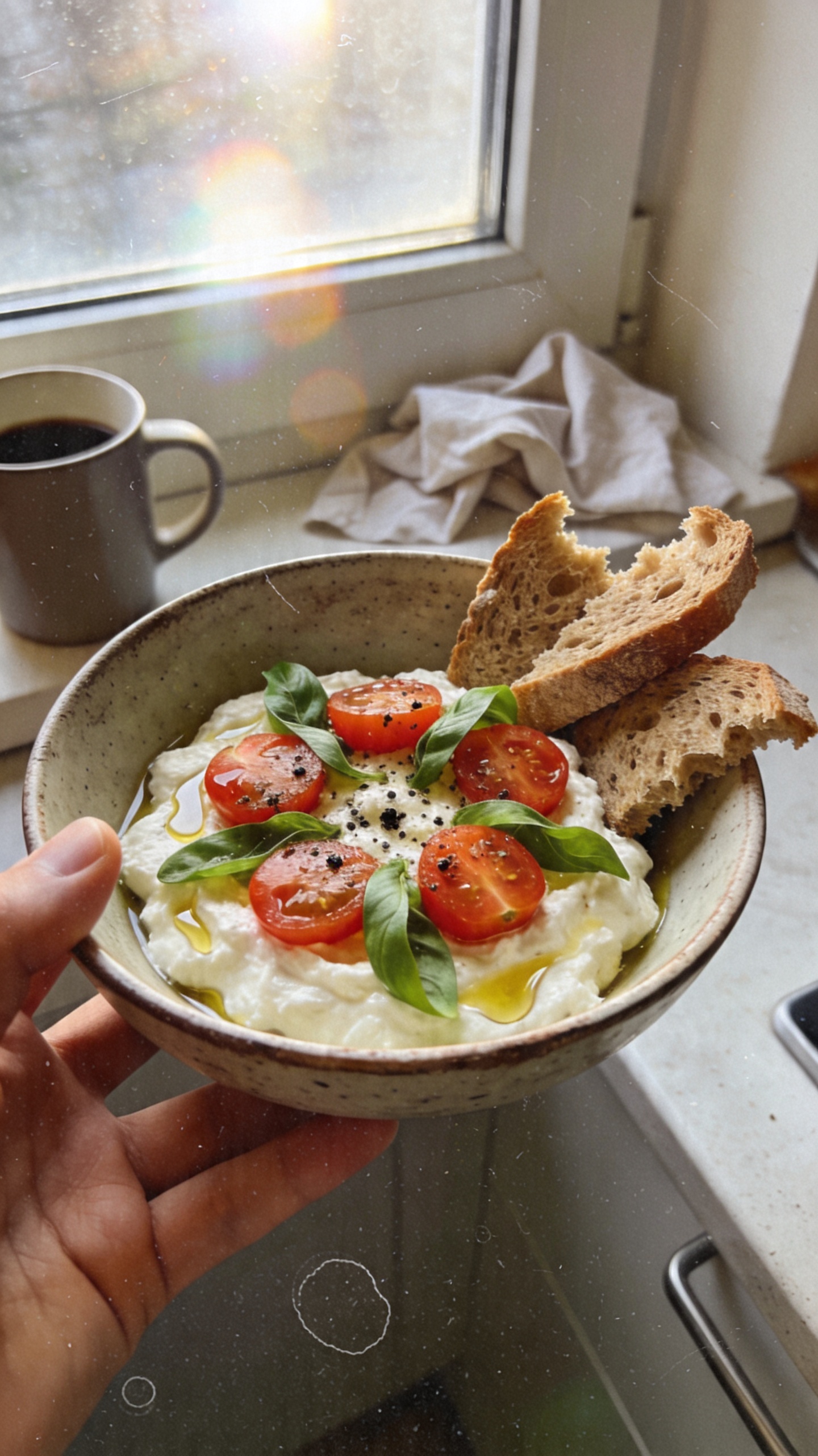 A real, authentic iPhone photo of a savory tomato basil cottage cheese bowl for breakfast, captured casually in natural window light. The scene shows a small, rustic plate or bowl with creamy cottage cheese topped with halved cherry tomatoes, fresh basil ribbons, a light drizzle of olive oil, and a sprinkle of black pepper. Include a few torn whole-grain toast slices beside the bowl for a balanced start. The composition is relaxed and imperfect: slight tilt of the horizon, mild natural grain, a touch of overexposed highlight on the tomatoes, and a subtle lens flare from the window. The shot feels like it was taken in a hurry, no staging, with visible everyday cues such as a coffee mug, a crumpled napkin, or a kitchen counter edge in the frame. No text, no heavy editing, just compressed, 1080p quality, finger-prints on the lens, and minor motion blur from a casual hand-held shot. The image should resemble a quick, real-life moment: fresh, savory, and approachable, presenting the tomato basil cottage cheese as a light, savory morning option.
