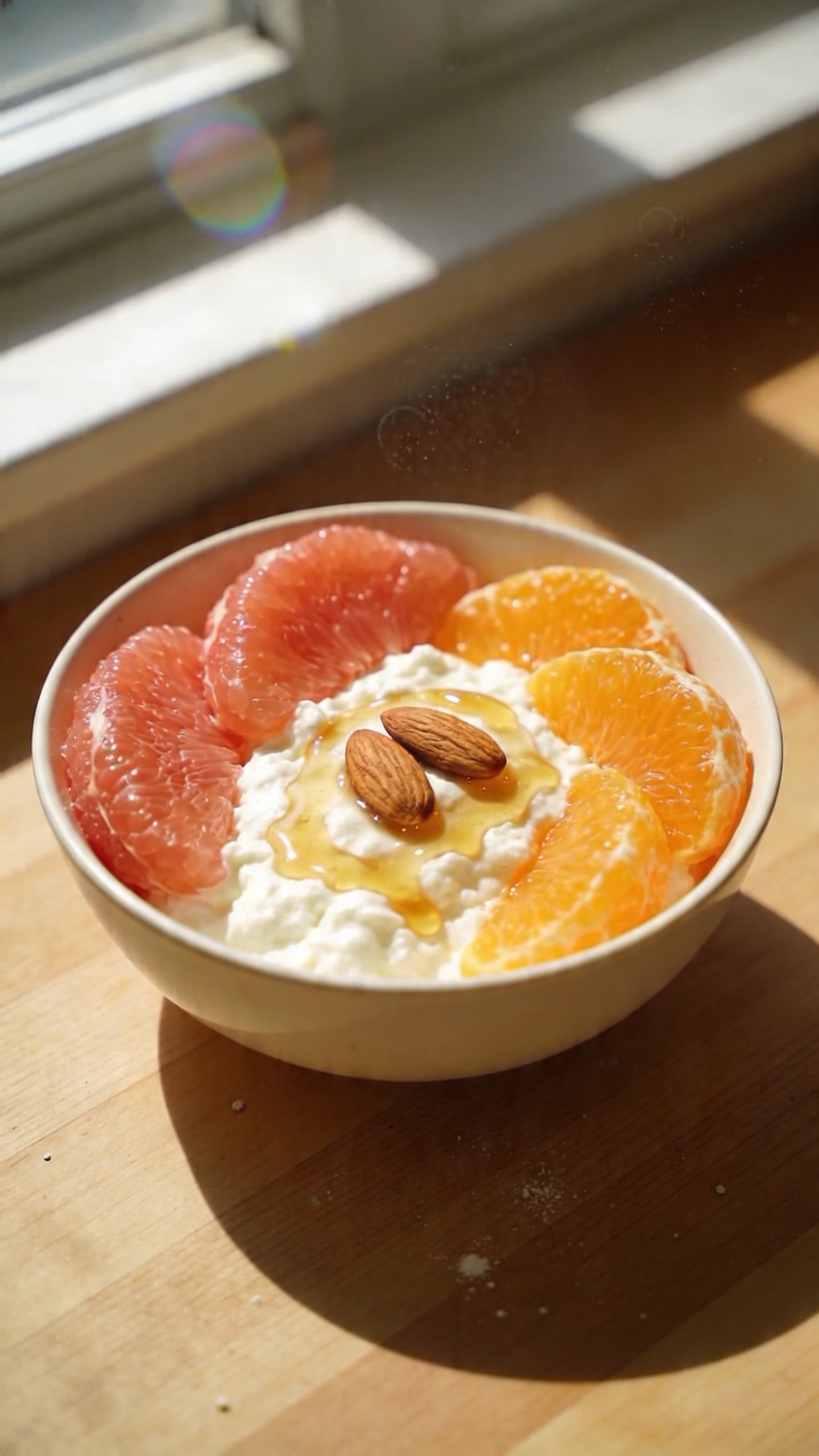 A photo of a Sunrise Citrus Crunch Bowl featuring the main subject from the article title—creamy cottage cheese topped with bright citrus segments and a light crunch—presented in a simple, real-life breakfast setup. Shot quickly, taken in a hurry, no staging. Natural window light from the side casts soft shadows on a simple wooden table. The bowl contains 1 cup low-fat cottage cheese, grapefruit segments, segmented orange slices, and 2 tbsp toasted almonds, with a light drizzle of honey visible. Slight overexposed highlights on the citrus, a tiny lens flare from the window, and a faint, natural grain to emphasize realism. Subtle, imperfect details: a fingerprint smear or tiny smudge on the lens, a barely tilted horizon, minor motion blur on a spoon in the bowl, and occasional specks of kitchen counter dust. The image should feel like an authentic iPhone capture, not staged, with “screenshot quality” texture and compressed 1080p look. No text overlays or captions. Optional subtle post-processing hint: a light, natural color bump followed by a gentle sharpen, but still retaining a casual, unpolished vibe.