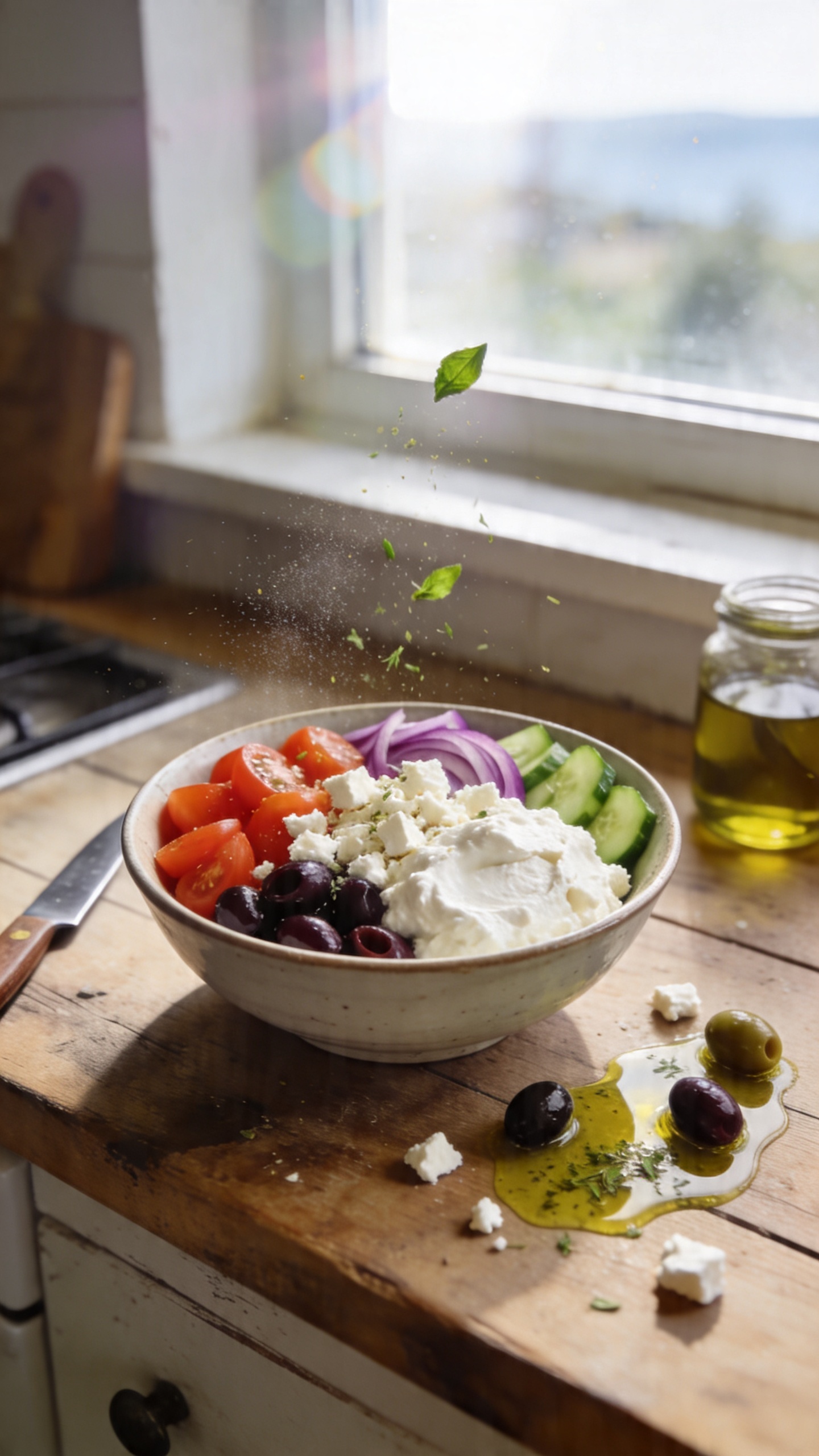 A real, authentic-feeling photo of a Mediterranean Power Bowl featuring cottage cheese as the creamy base, placed on a rustic wooden kitchen counter by a sunlit window. The bowl is colorful and casually assembled with cherry tomatoes, cucumber, red onion, Kalamata olives, and feta crumbles layered over a generous scoop of cottage cheese. Include an informal drizzle of herbed olive oil nearby and a few olives and feta bits scattered for a lived-in look. Shot quickly with natural window light, slight overexposed highlights on the feta and tomatoes, a touch of lens flare from the sun, and a faint, incidental tilt of the horizon. The scene has minor imperfections: a fingerprint or smudge on the lens, slight motion blur of a sprinkled herb leaf in mid-air, subtle grain in the midtones, and a compressed, 1080p quality feel that suggests no staging. The bow l is plated in a casual, no-frills way as if prepared for a week of lunches, with a small knife and a jar of olive oil in the background, and the overall composition remains imperfect and realistic—taken in a hurry, no text, no words, no professional setup. Optional subtle post-processing hint: slight smart blur with sharpening to mimic a quick edit, and gentle color recoloring to give a flat, everyday look.