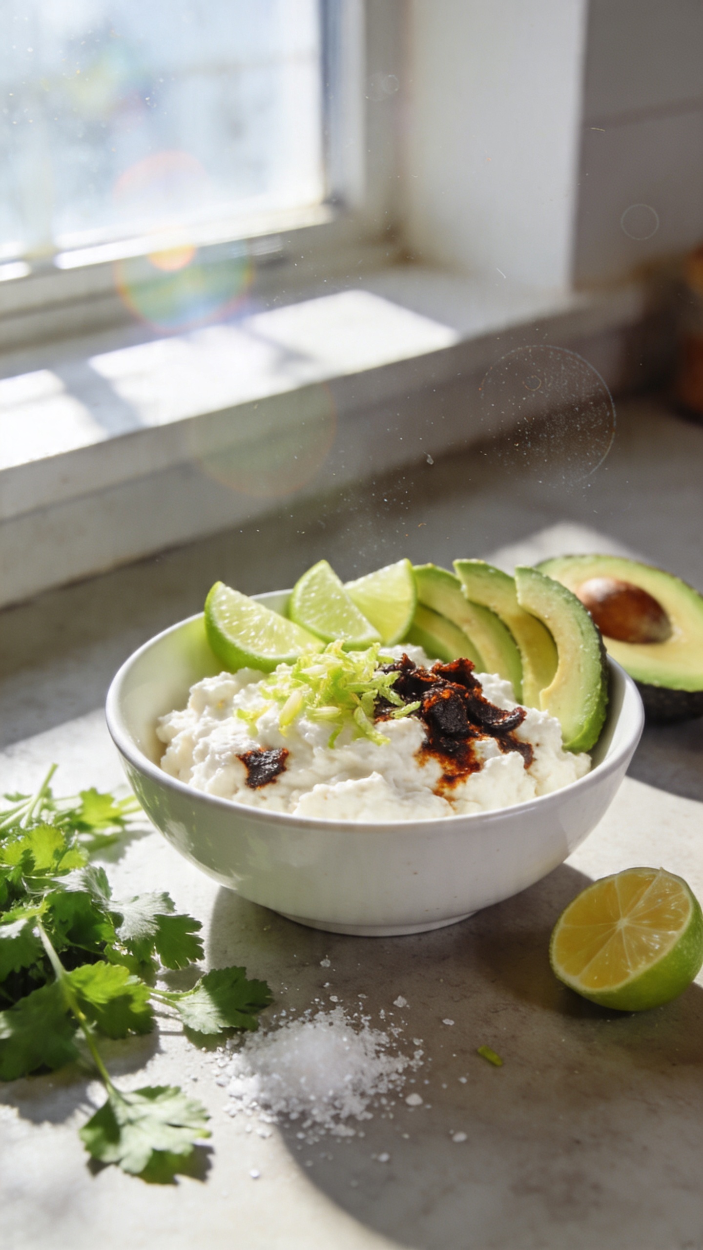 A real, authentic photo of a Smoky Chipotle Lime Cottage Cheese Bowl as the main subject, styled like a casual, everyday meal on a kitchen counter. The bowl features white cottage cheese dotted with smoky chipotle, bright lime zest and wedges, half an avocado sliced, a sprinkle of fresh cilantro, and a light dusting of salt, with a small squeeze of lime nearby. Set in natural window light with soft shadows, a casually arranged scene, and a slightly imperfect, lived-in feel. Include realistic phone-camera imperfections: a few slightly overexposed highlights from the window, gentle lens flare, minor motion blur from a casual hand movement, and grain that varies with the light. The horizon may be slightly tilted, and there should be no staging or obvious setup. Shot quickly, taken in a hurry, no text on the image, no cinematic or studio vibes, just compressed, 1080p quality with fingerprint smudges on the lens for authenticity. Optional subtle post-processing hints: slight smart blur with sharpening and a flat recolor to resemble a quick, real photo. No words or branding visible.
