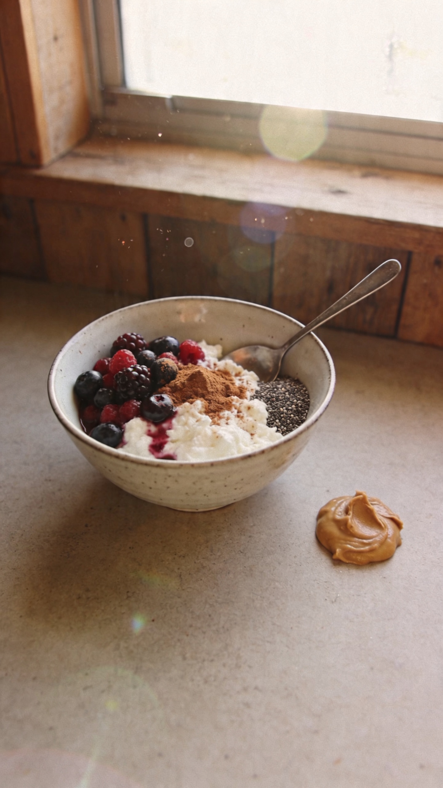 A real, authentic-looking photo of a Sweet-Heat Berry Lane Bowl featured as the main subject, captured in casual, everyday kitchen lighting. The bowl sits on a rustic wooden counter near a window with natural daylight streaming in, showing a simple, unposed moment: 1 cup cottage cheese topped with 1/2 cup mixed berries, a sprinkle of cinnamon, and a tablespoon of chia seeds, with a light drizzle or maceration of berry juices visible. A small dollop of almond butter sits nearby as an optional garnish. The composition is slightly imperfect and candid: slight overexposed highlights from the window, a subtle lens flare, a tiny smudge or fingerprint on the lens, and a faint, natural grain. The horizon is gently tilted, and the scene has a warm, realistic tone. The shot feels like it was taken quickly, without staging, on an iPhone in 1080p-like quality, with minor motion blur from a casual hand and no artificial studio lighting. No text, no logos, no obvious AI signs; no cinematic or hyper-real descriptors. Optional, very subtle post-processing hints: a light, accidental color shift from quick editing, as if scaled down and up again, with slight sharpening and a soft, non-descriptive, flat color floor to reduce AI detectability. Overall, a relatable, real-life snapshot of a sweet-heat berry cottage cheese bowl ready for a high-protein lunch.