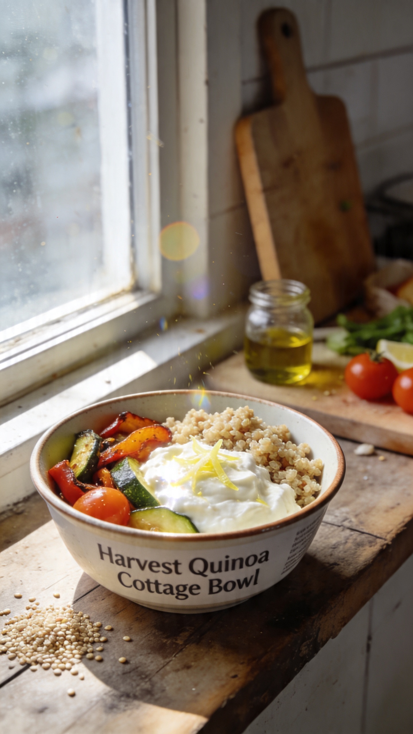 A casual, real-life kitchen scene featuring a bowl labeled Harvest Quinoa Cottage Bowl as the main subject, placed on a rustic wooden kitchen counter by a sunlit window. The bowl contains a generous scoop of creamy cottage cheese topped with a fluffy layer of quinoa, roasted peppers and zucchini, bright cherry tomatoes, and a light lemon zest finishing touch. The shot should feel authentic and unposed: natural window light streaming in, slight clutter of ingredients in the background, a casually arranged bowl with imperfect edges, and subtle kitchen details like a cutting board, a small jar of olive oil, and a few quinoa grains scattered nearby. Capture the sense of a quick, no-staging meal prep moment: the bowl slightly off-center, a tilted horizon, and subtle, real-camera imperfections such as gentle overexposed highlights on the cottage cheese, a touch of lens flare from the window, tiny motion blur from a brief hand movement, and a grainy texture that varies with the light. The image should read as if taken on an iPhone in everyday use, with a compressed, 1080p quality vibe and no text or branding visible. Optional light post-processing hints: a faint, natural desaturation in shadows, with minor sharpening on the bowl’s edges, but keep it looking organic and not overly polished. Overall mood: wholesome, approachable, and week-long meal prep ease, visually emphasizing the complete protein and fiber-rich quinoa pairing without any studio setup. No words on the image.