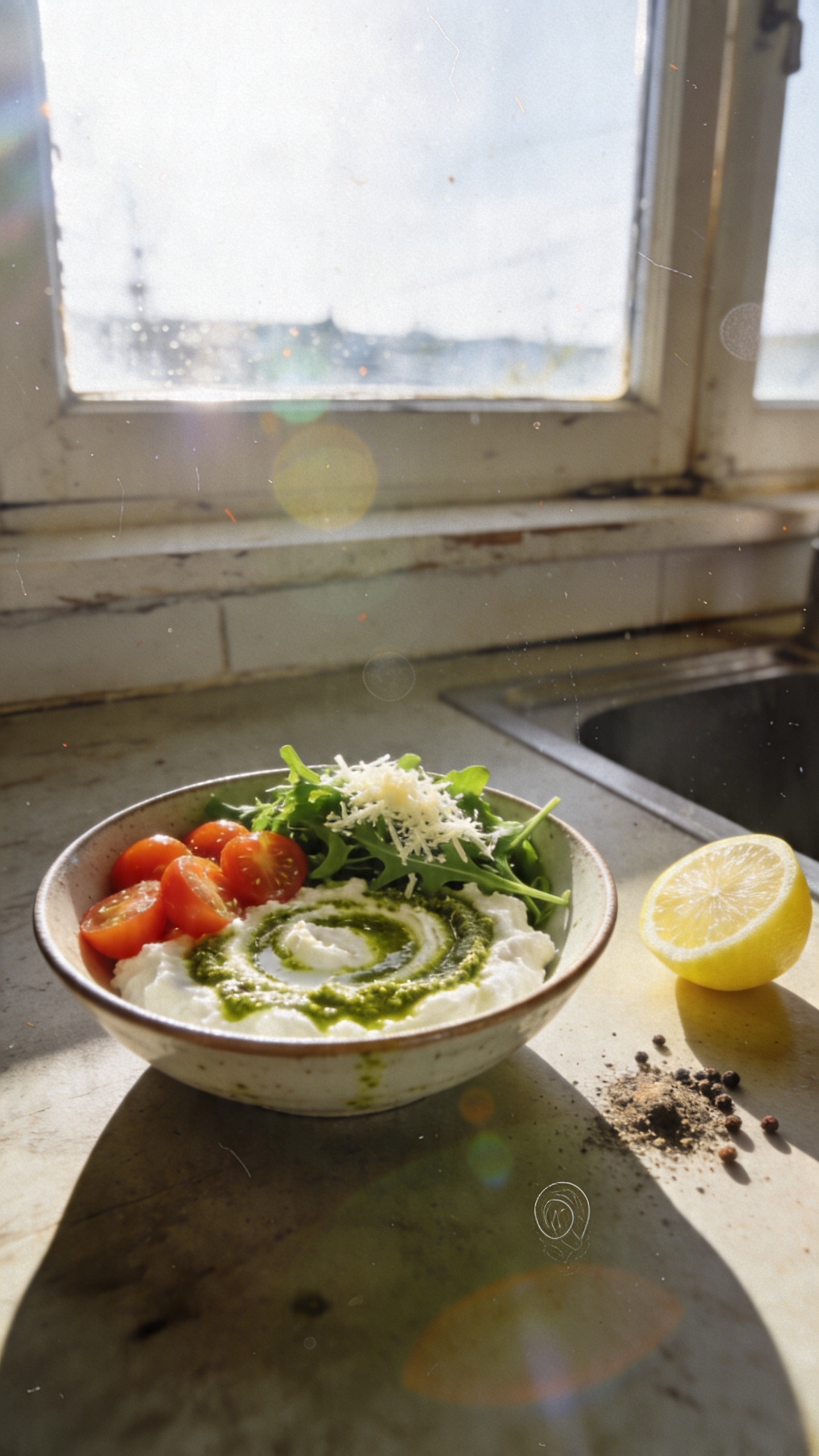 A real, authentic photo of a Pesto Power Bowl featuring cottage cheese as the creamy base, shot in natural window light with casual, slightly imperfect composition. The bowl sits on a rustic kitchen counter near a sunlit window; pesto swirls visibly through the white cottage cheese, with bright green basil pesto marbling and a few cherry tomatoes, fresh arugula, and a light grate of Parmesan on top. A lemon wedge and cracked pepper are casually nearby. The scene feels unposed, as if shot quickly in a hurry, with no staging. Include realistic phone-camera imperfections: a touch of overexposed highlights from the window, subtle lens flare, minor motion blur from a gentle hand shake, grain that varies with light, and a slightly tilted horizon. The image should look like it was taken with an iPhone, compressed, 1080p quality, with fingerprint on the lens and a hint of post-processing that suggests casual editing (small color tweaks, slight smart blur with gentle sharpening) but still retains a natural, everyday feel. No text on the image.