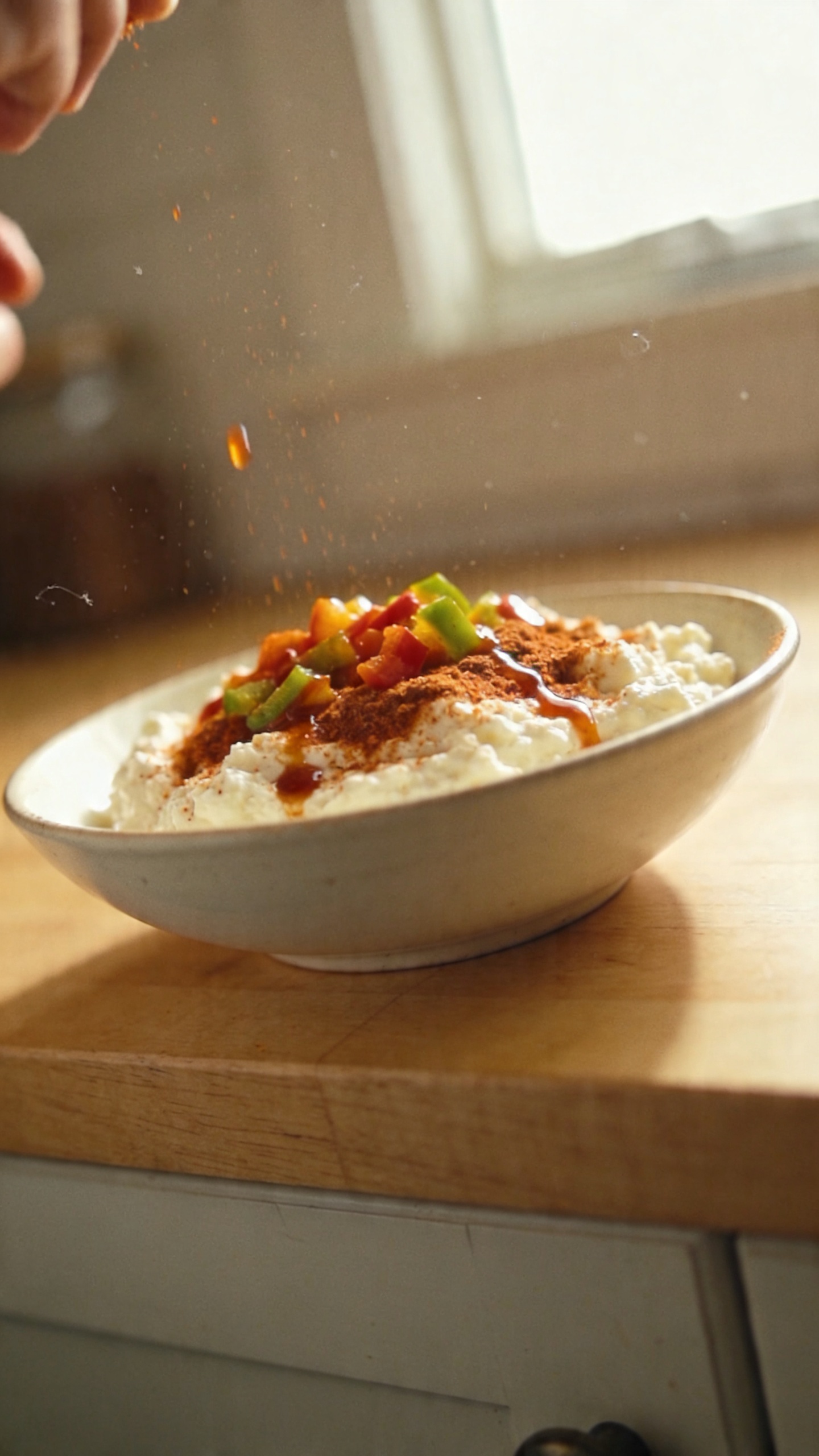 A real, candid photo of a bowl of Cajun Cream Cottage Cheese as the main subject, styled as a quick, everyday lunch. The bowl sits on a light wood kitchen counter near a window with natural daylight streaming in. The cottage cheese is visibly topped with Cajun spice, chopped bell peppers, and a few dashes of low-sodium hot sauce, captured in a casual, imperfect moment as if someone just prepared it for a week of high-protein lunches. The scene shows a slightly imperfect, everyday kitchen vibe: a slightly tilted horizon, subtle fingerprints on the lens, tiny dust particles in the air, and gentle overexposed highlights from the window. The image appears as if taken in a hurry with an iPhone, without staging or professional setup, yielding a compressed 1080p quality feel with minor motion blur from a casual hand pose. The lighting is natural and warm, with no heavy editing—the colors are true-to-life, and there is a touch of post-processing that looks like a quick, minimal adjustment rather than polished perfection (subtle smart blur with sharpening, but still retaining a raw, real look). No text appears in the image. The overall impression is authentic, homey, and immediately relatable as a simple, flavorful high-protein meal prep bowl. Shot quickly, no staging, fingerprint on lens, casual composition, window light, slight tilt, natural grain, 1080p quality.