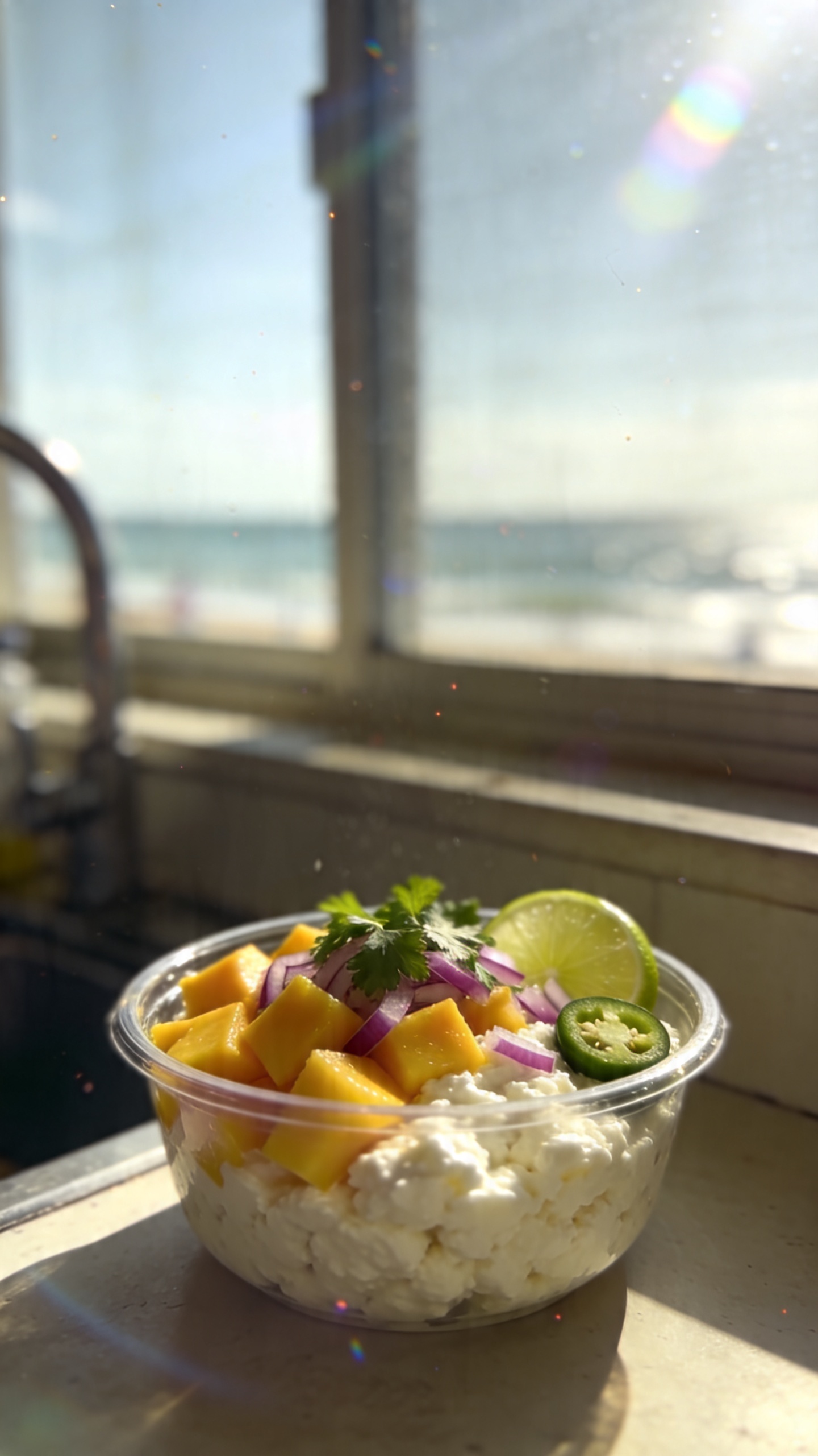 A real, authentic photo of a Tropical Mango Lime Cottage Cheese Bowl as the main subject, shot casually as if captured on an iPhone in natural window light. The bowl features cottage cheese topped with fresh mango chunks, red onion, cilantro, and optional jalapeño slices, with a quick squeeze of lime visible. Set on a casual kitchen counter scene with warm daylight, slight imperfect composition, and no staging. Include natural phone-camera imperfections: a touch of overexposed highlights from the window, minor lens flare, a hint of motion blur from a quick tilt, subtle grain that varies with light, and a slightly tilted horizon. The image should feel like a spontaneous, everyday moment—compressed, 1080p quality, screenshot-like feel, with no text or branding. Optional gentle post-processing hints: subtle smart blur with sharpening, minor color tweaks, and a light overall desaturation to avoid an overly polished look. The bowl should look refreshing, protein-forward, and summery, as if a beach vacation in a container. No words anywhere in the image.