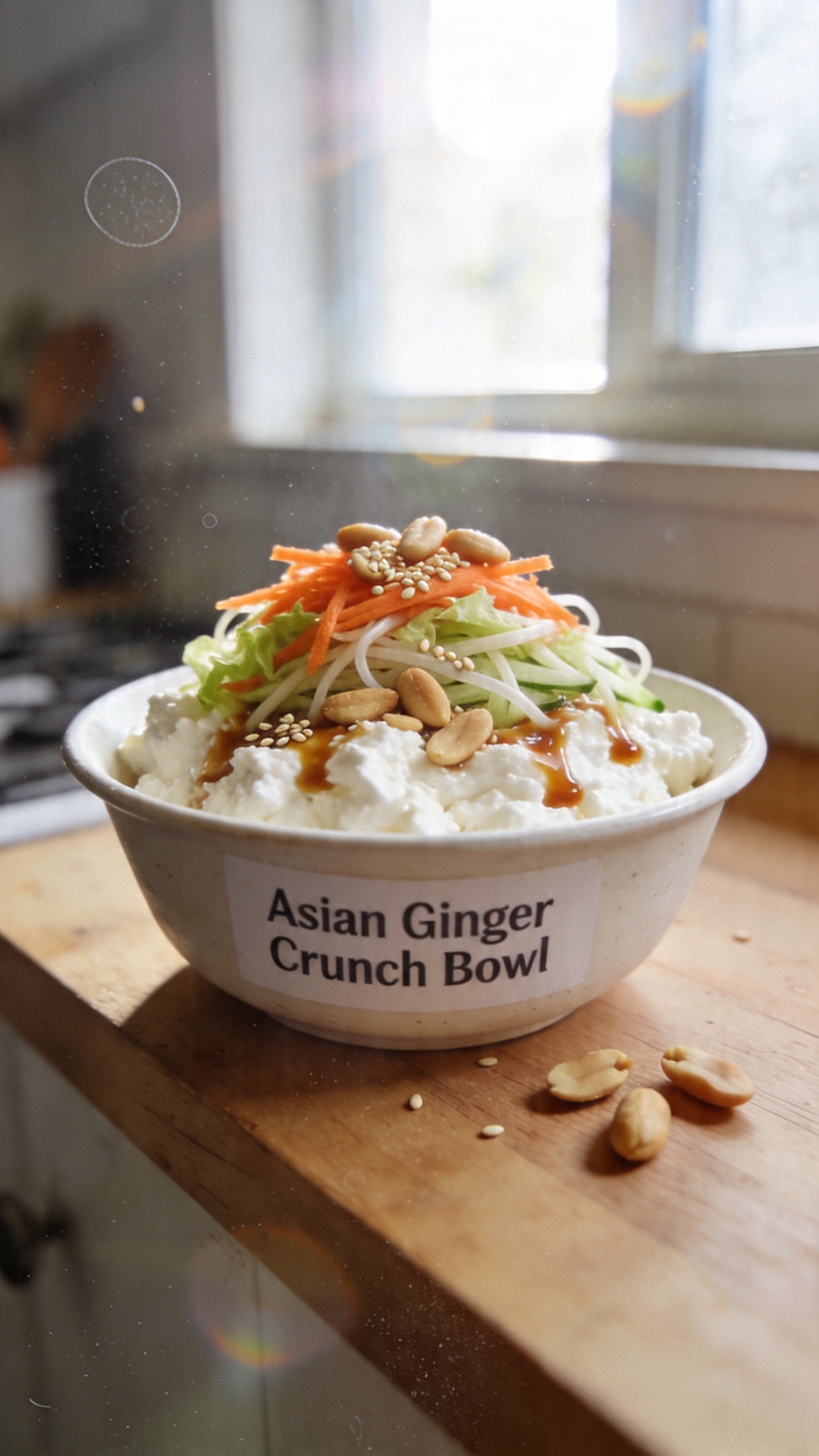 A real, authentic photo of a cozy kitchen lunch bowl titled “Asian Ginger Crunch Bowl” featuring a generous serving of fluffy white cottage cheese as the main subject, topped with shredded carrot and cabbage, thin rice noodles or shredded cucumber, and a ginger-soy dressing. Include a handful of peanuts for crunch, with sesame seeds scattered lightly. The bowl sits on a wooden kitchen counter near a window, capturing natural, soft daylight. Capture a casual, imperfect moment: slightly overexposed highlights on the dollop of cottage cheese, a touch of lens flare from the window, minor motion blur from a quick reach for the peanuts, and a gently tilted horizon. Subtle fingerprint smudges on the lens and a gentle grain that varies with light to convey realism. The scene should feel like a candid, everyday lunch prep snapped on an iPhone—no staging, no studio setup, no dramatic depth of field or professional photography cues. The composition is slightly off-center, with the bowl in focus and the background softly blurred but identifiable as a home kitchen. No text or captions visible in the image. Optional subtle post-processing hints: a light touch of color recall and contrast tweaks that resemble a casual, quick edit but still look natural and unpolished.