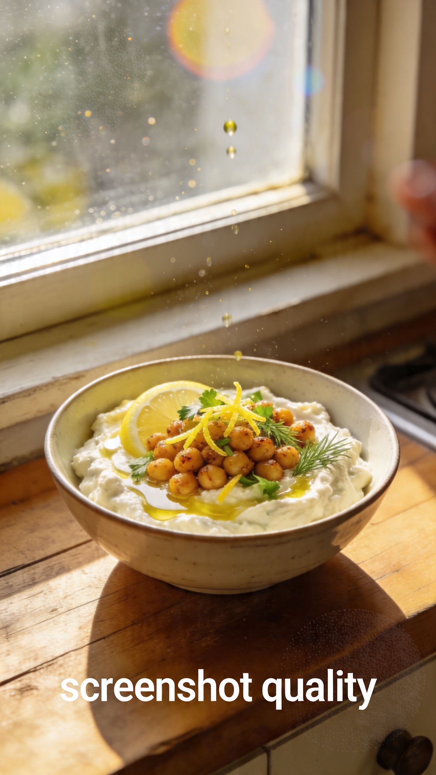 A real-feel photo of a cozy, bright lunch scene featuring a Herb Lemon Chickpea Cottage Cheese Bowl as the main subject. The bowl sits on a rustic wooden kitchen counter near a softly lit window, with natural daylight pouring in. The bowl contains creamy cottage cheese topped with roasted chickpeas, lemon zest and a squeeze of lemon juice, chopped parsley and dill, and a light drizzle of olive oil. The scene includes casual, imperfect touches: a slightly tilted horizon, a few tiny droplets of olive oil catching the light, faint overexposed highlights on the glass, subtle lens flare from the window, a hint of motion blur from a quick hand move, and a touch of grain that varies with the light. The composition feels spontaneous and genuine, as if shot quickly in a real kitchen, with no staging or artificial enhancements. Phone-like imperfections are present: fingerprint smudges on the lens, slight compression visible as “screenshot quality,” and a casual, everyday vibe without any text or labels. Overall mood is fresh, plant-based protein with zingy brightness, captured in a 1080p-ish, natural photo style—no cinematic or studio look. Optional light post-processing hints: mild smart blur with subtle sharpening, colors slightly flattened to avoid a polished AI aesthetic.