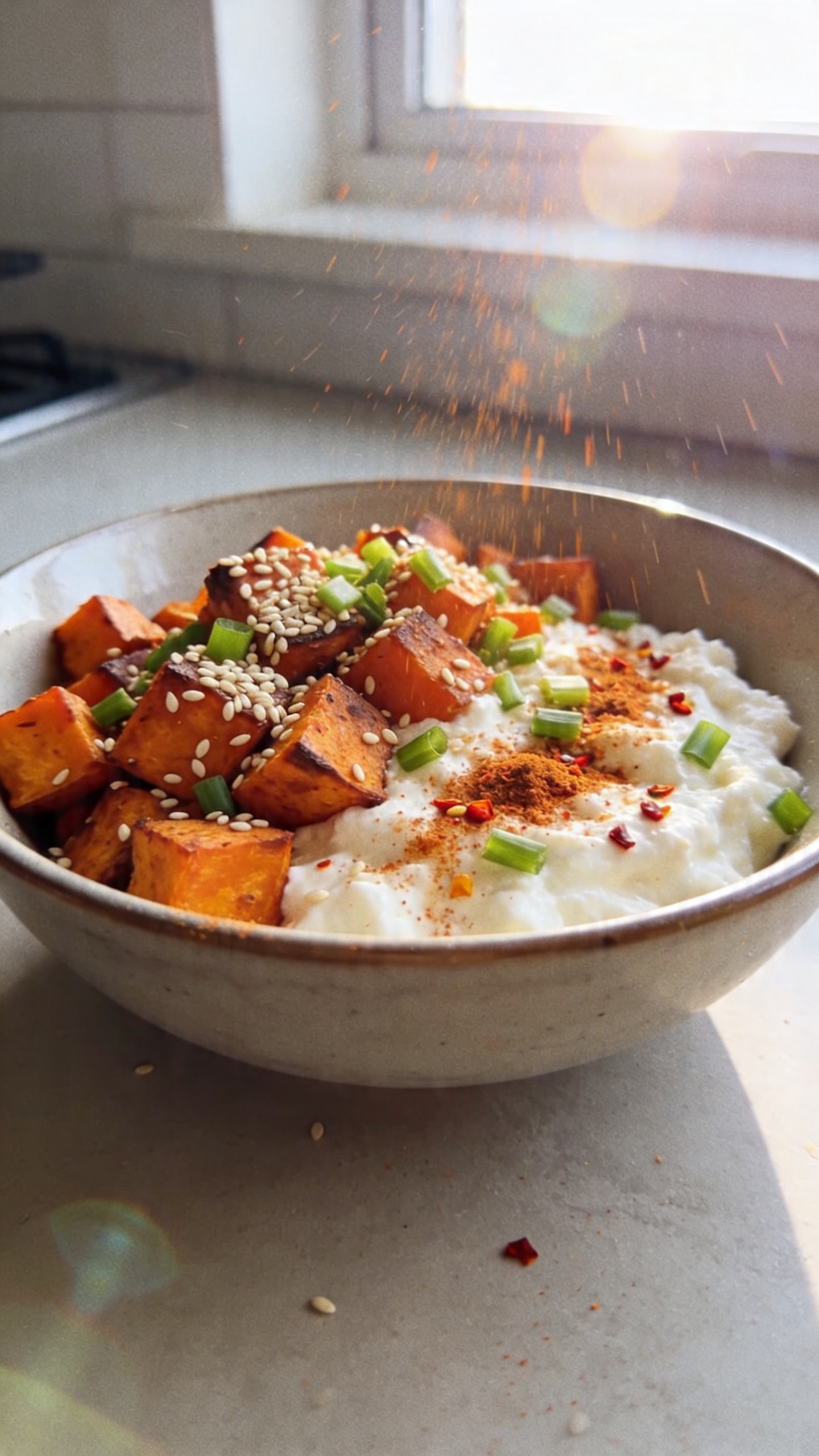 A real, authentic photo of a Spicy Sesame Sweet Potato Bowl featuring a generous bowl or plate of creamy cottage cheese topped with roasted sweet potato cubes, sesame seeds, chopped green onions, a light dusting of smoked paprika and chili flakes, all arranged in a casual, home-cooked style. The main subject should be clearly the bowl of food as the focal point, positioned on a simple kitchen table or countertop. Shot quickly with natural window light, capturing a candid, no-staging vibe: slight overexposed highlights from the window, a bit of lens flare, minor motion blur from a casual lean or reaching for a bite, and a subtle grain that varies with the light. The horizon should be gently tilted, adding to the imperfect, lived-in feel. The image should resemble a casual iPhone photo in compressed, 1080p quality with fingerprint on the lens and a slightly hurried composition, as if taken in a hurry during meal prep. No words, no text overlays. Optional subtle post-processing hints: slight smart blur with gentle sharpening, mild color adjustments that feel natural, scaled down and up again. The overall mood is cozy, comfort-food vibes with clean protein, inviting more than perfect.