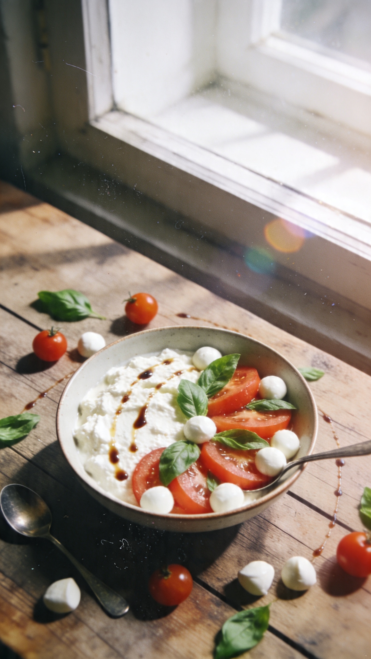 Caprese Cottage Bowl: A real, authentic iPhone-style photo of a bowl featuring cottage cheese as the creamy base with tomato slices, fresh basil leaves, and mozzarella pearls arranged in a light Caprese-inspired composition. Include a few cherry tomatoes, a light balsamic glaze drizzle, and a casually placed spoon. Plate sits on a rustic wooden table near a window with natural daylight, slight imperfect shadows, and a casual, slightly imperfect arrangement. Capture the vibe of a quick, no-staging lunch: natural, candid, everyday kitchen scene. Elements to emphasize: 1 cup cottage cheese visible, cherry tomatoes and basil scattered, mozzarella pearls dotted, balsamic glaze streaks. The shot should feel unpolished and homey: slight overexposed highlights from window, tiny lens flare, minor motion blur from a hand-held moment, grain varying with light, a gently tilted horizon. No text in the image. The photo should appear compressed, 1080p quality, like a screenshot-quality capture taken in a hurry, with fingerprint on lens and an overall casual, real-life feel. Optional subtle post-processing hint: minimal adjustments that resemble a quick edit, but keep the natural look.